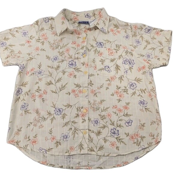 90s Vintage Erika & Co Linen Cotton Blend Cream Button-Up Embroidered Top Size L - Picture 1 of 12